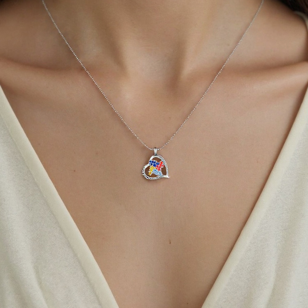 Autism Awareness Heart Color Diamond Puzzle Necklace