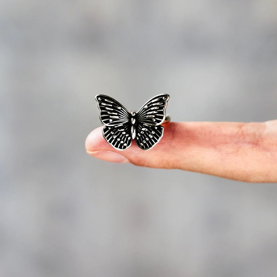 For Memorial-Black Butterfly Adjustable Ring