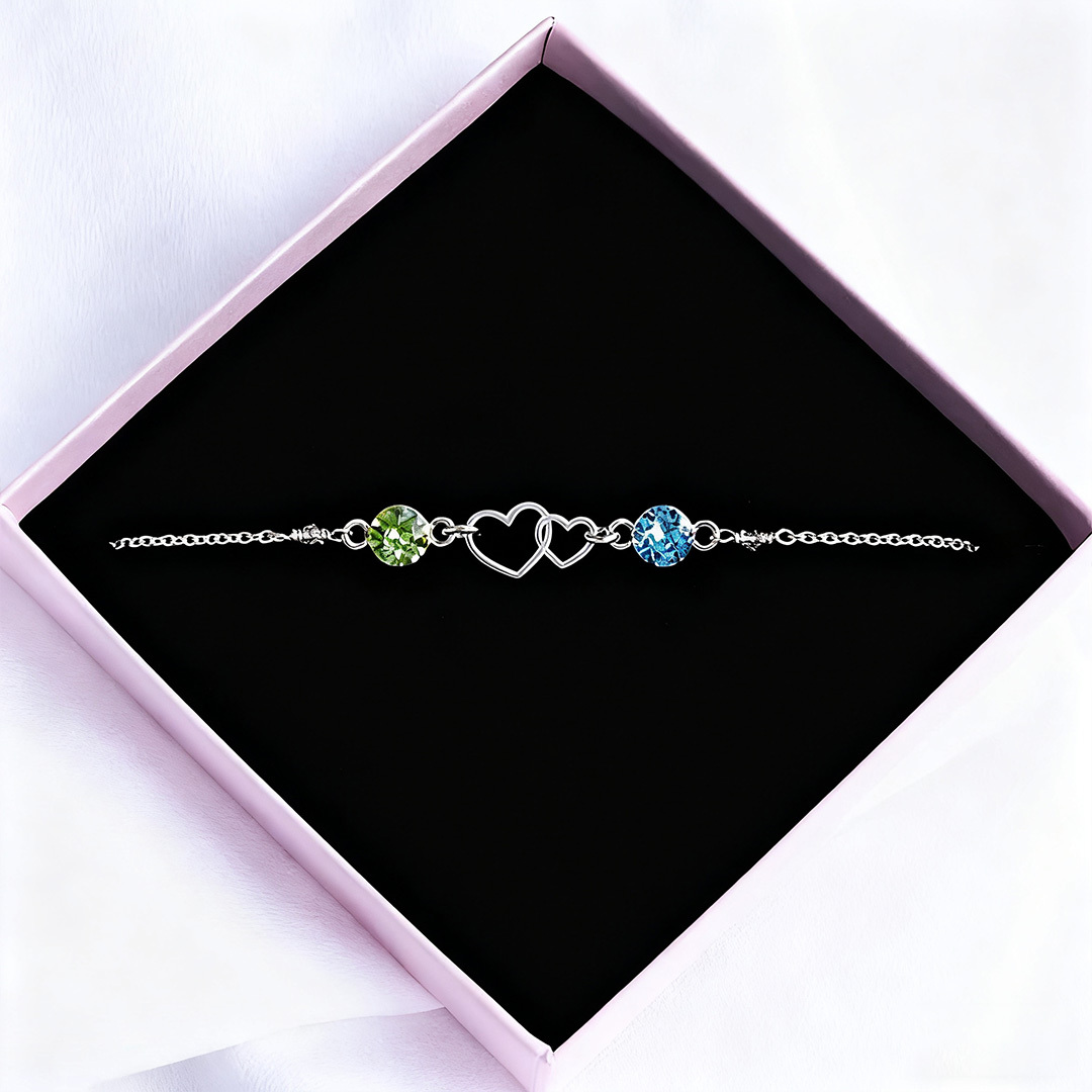 For Love - We Are Connected Heart To Heart Double Heart Custom Birthstone Bracelet