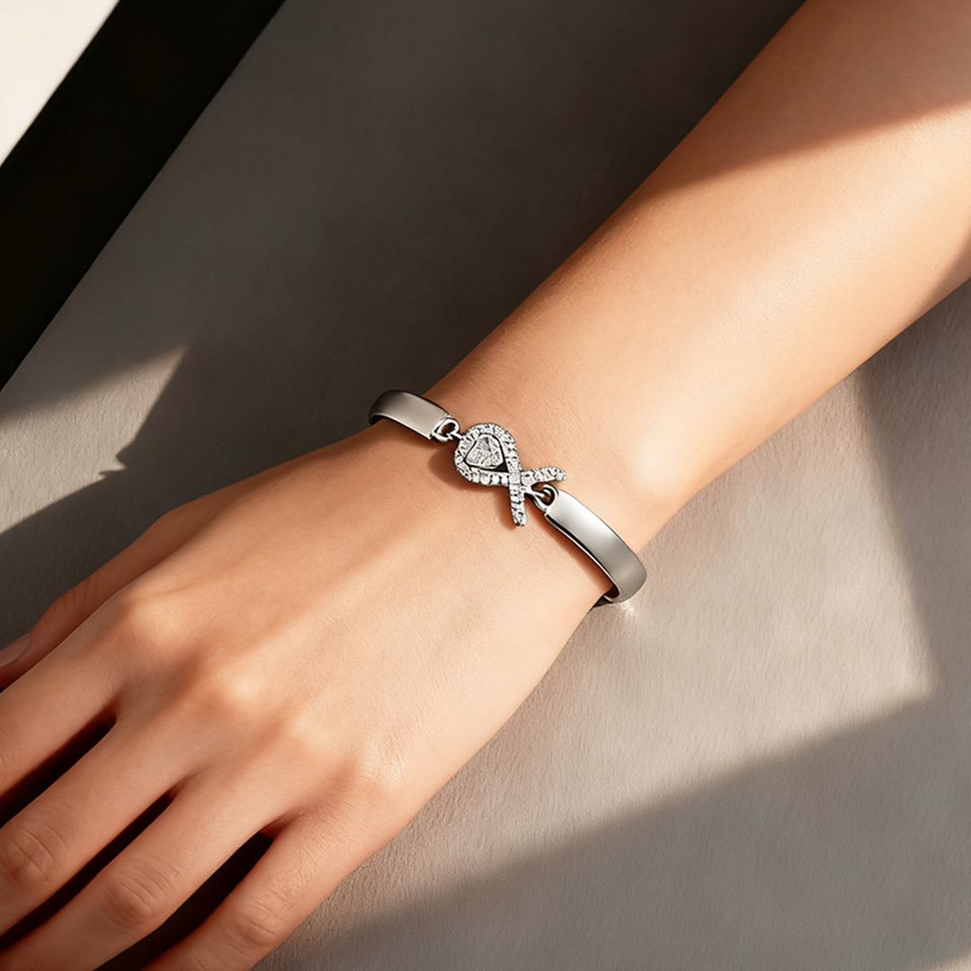 Lung Cancer Awareness-White diamond heart ribbon bracelet