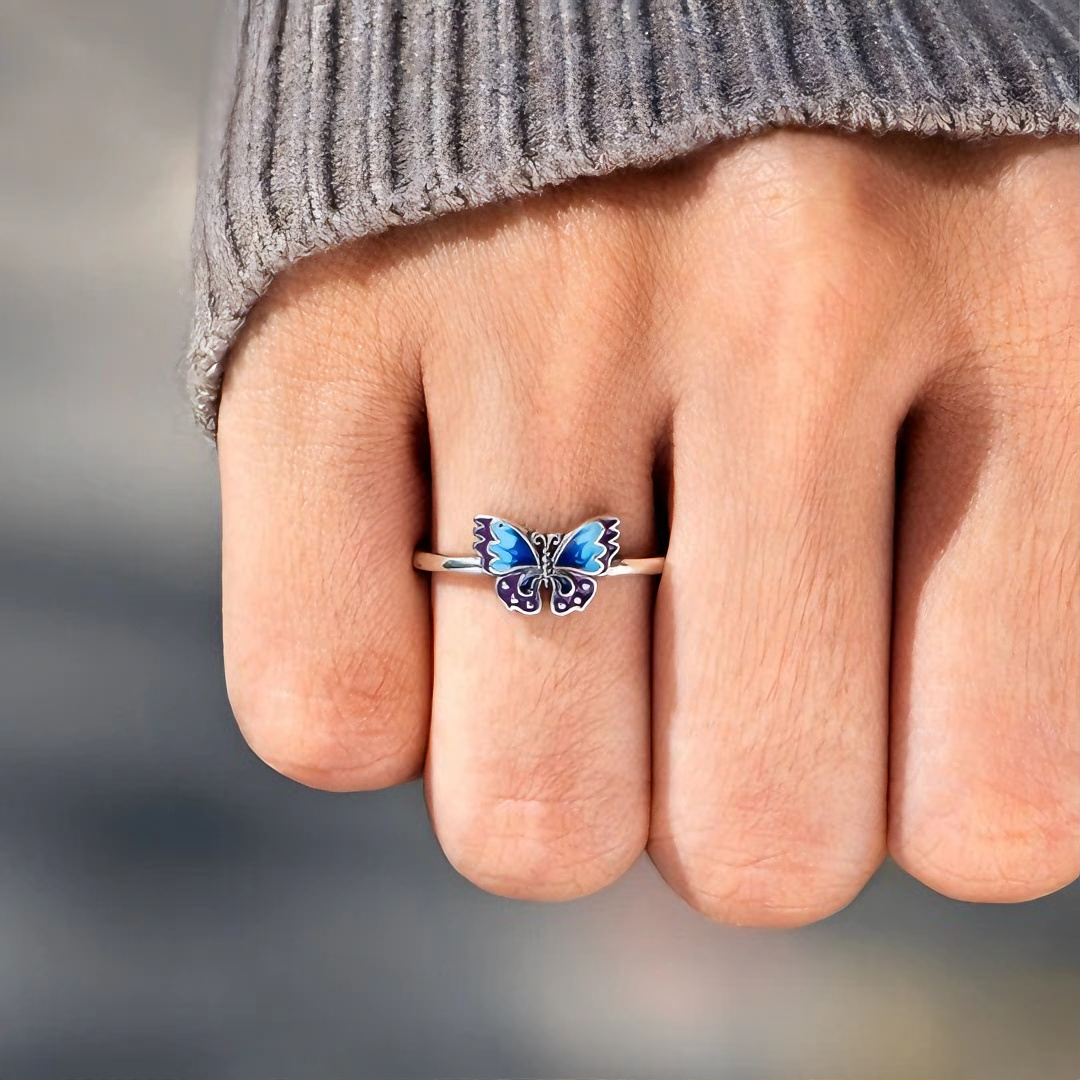 For Memory-Blue Enamel Butterfly Open Ring
