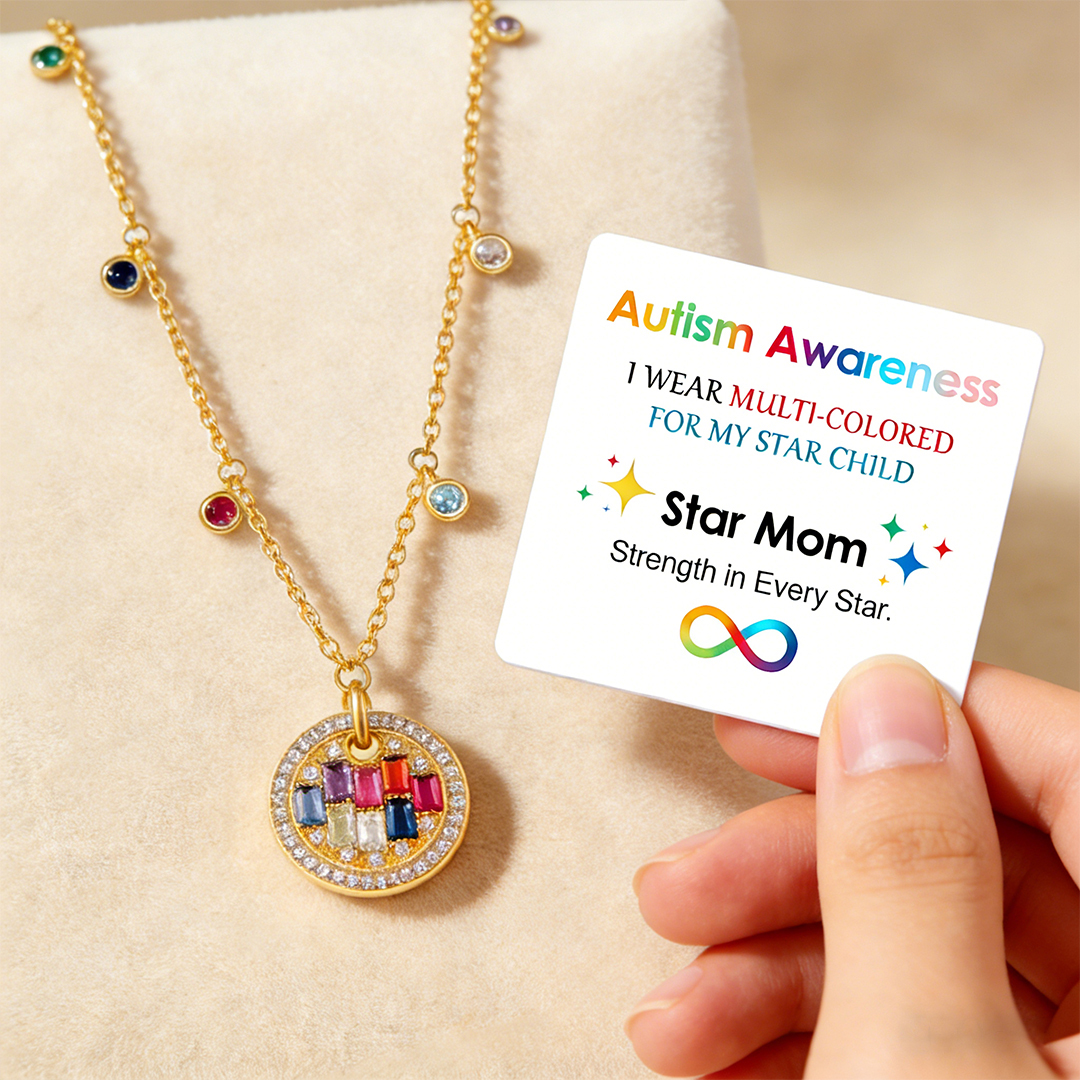 Autism Awareness-Round Disc Colorful Diamond Necklace
