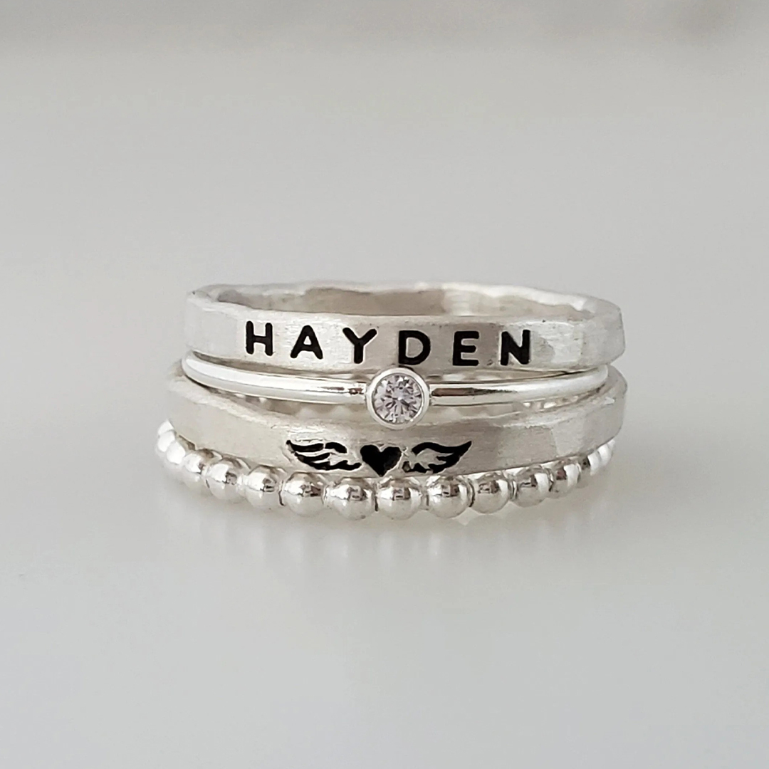 For Memorial son - Mama Of An Angel Custom Name Stacked Ring - 4 Rings Set