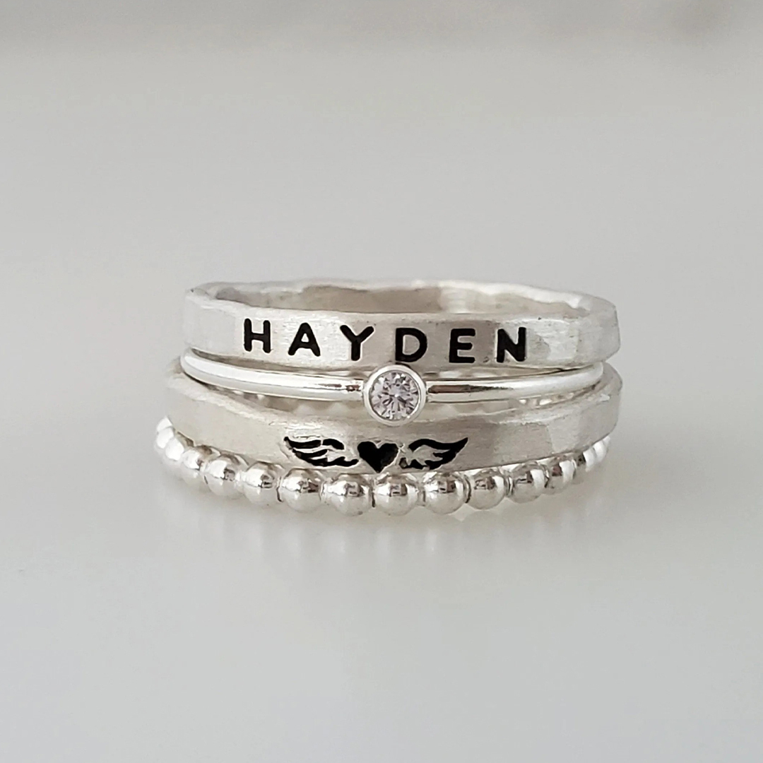 For Memorial son - Mama Of An Angel Custom Name Stacked Ring - 4 Rings Set