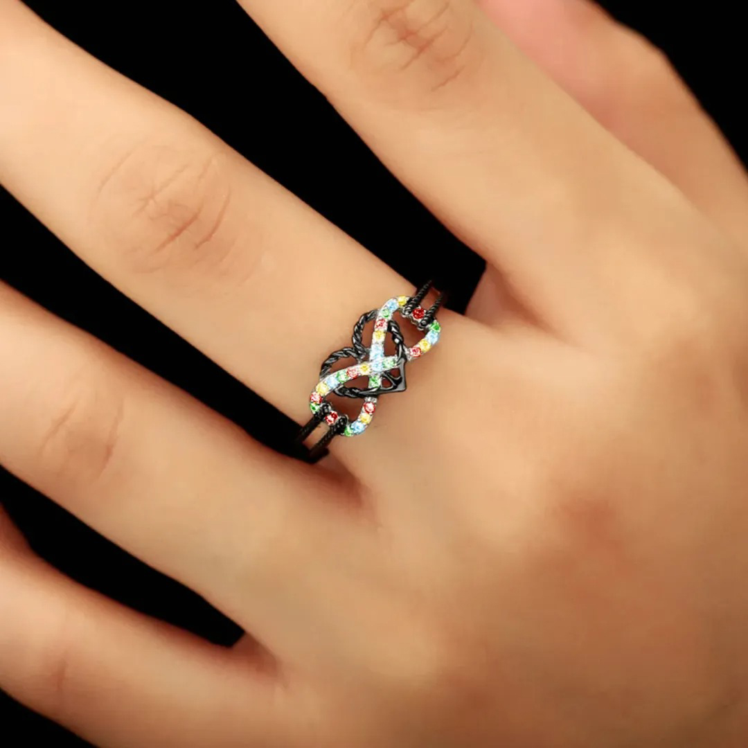 Autism Awareness-Colored Diamond Double Bar Infinity Love Ring