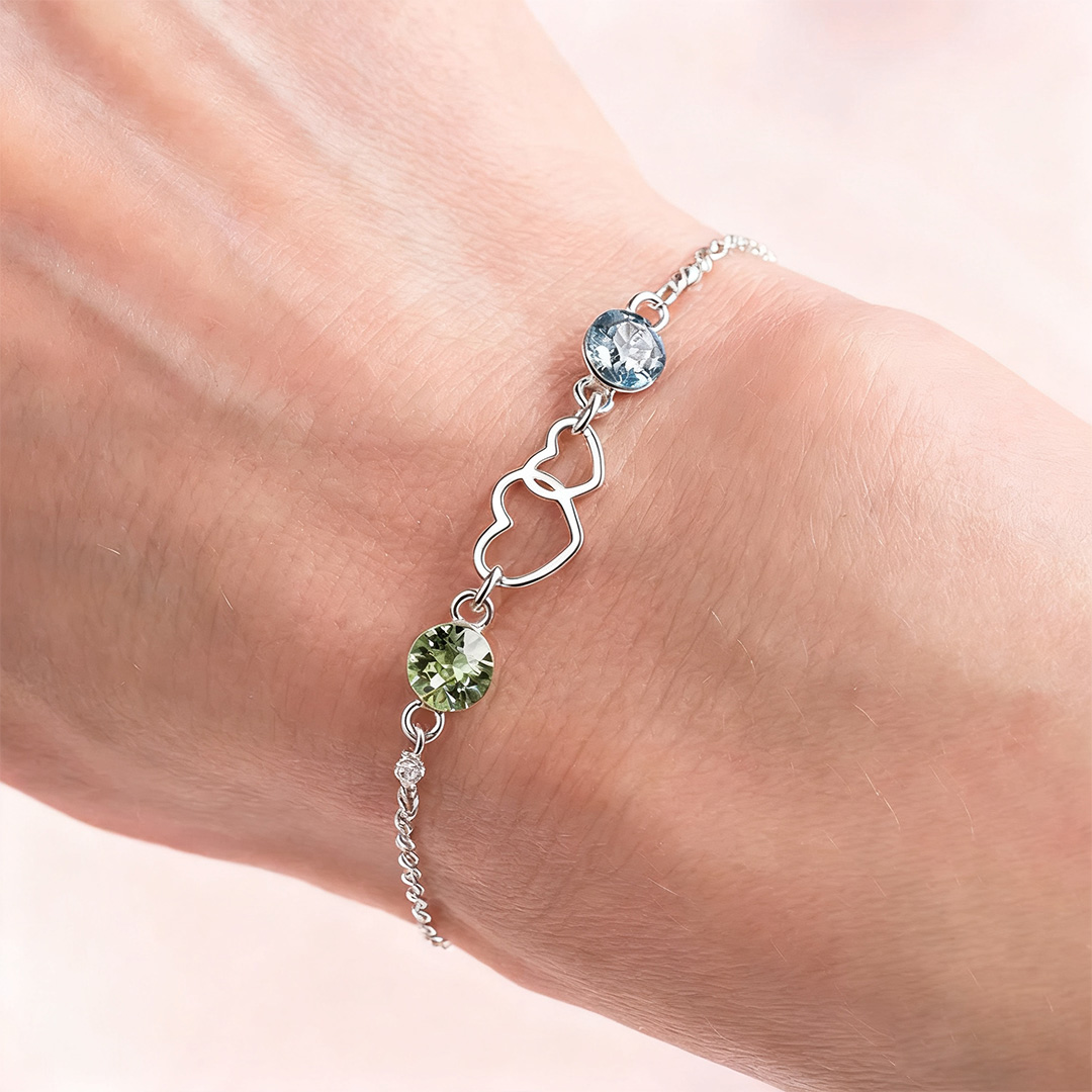For Love - We Are Connected Heart To Heart Double Heart Custom Birthstone Bracelet
