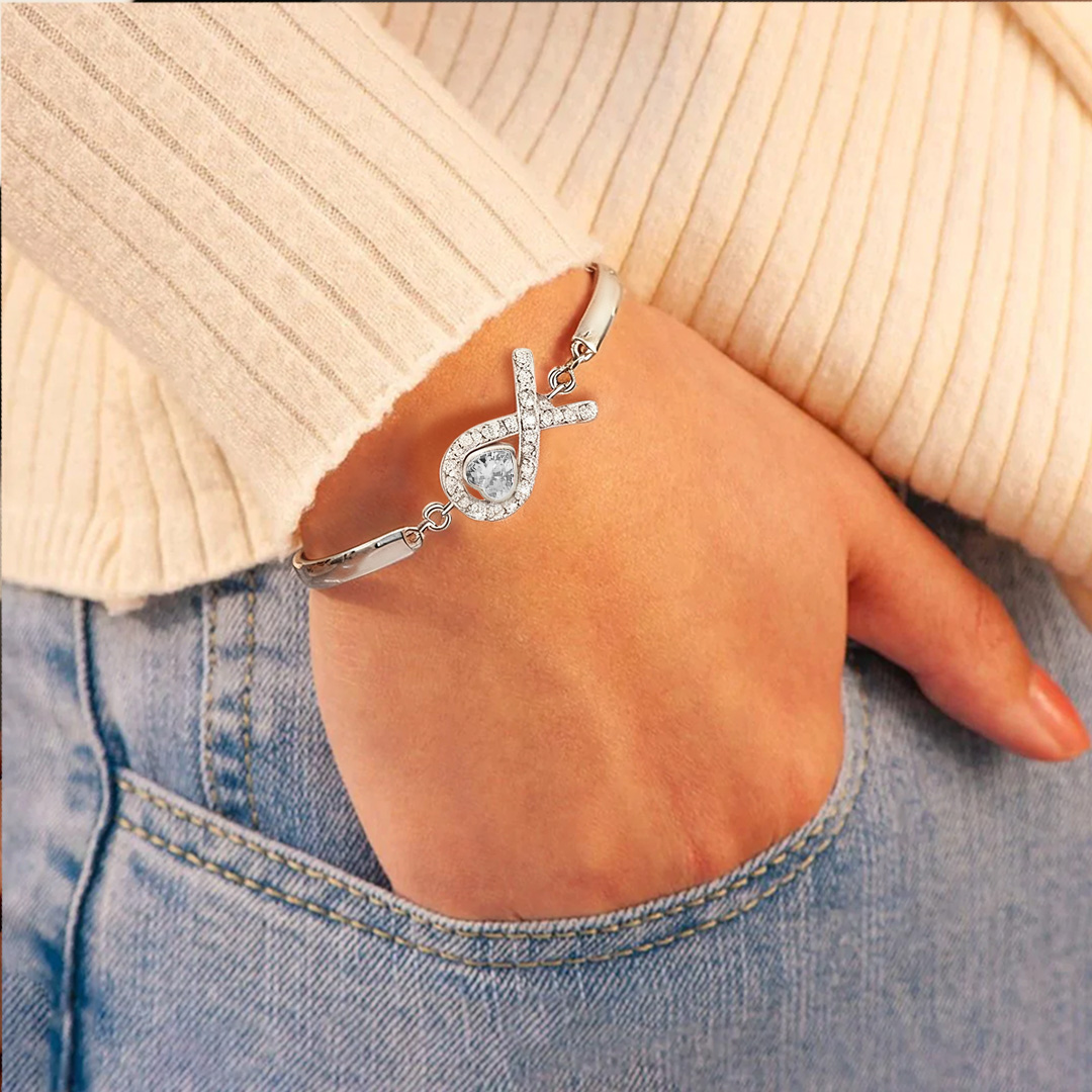 Lung Cancer Awareness-White diamond heart ribbon bracelet