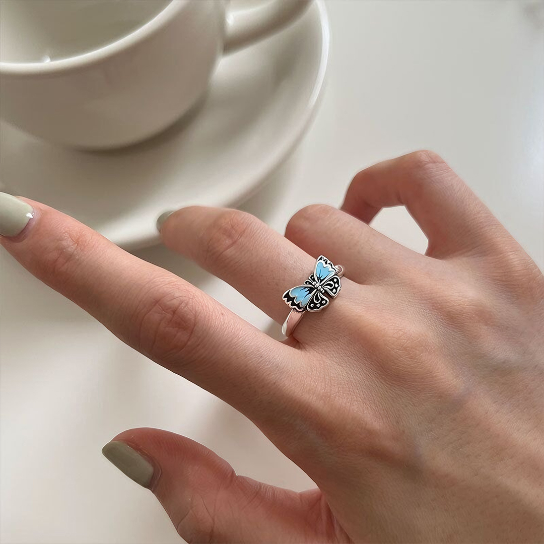For Memory-Blue Enamel Butterfly Open Ring