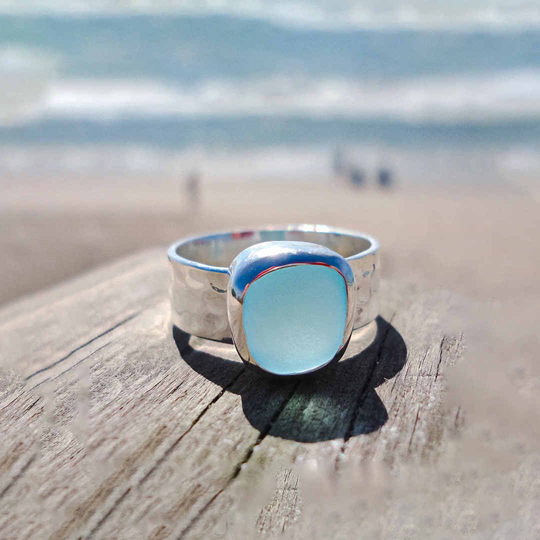 Ovarian Cancer Awareness-Thalassophile Sea Glass Wide Band Ring