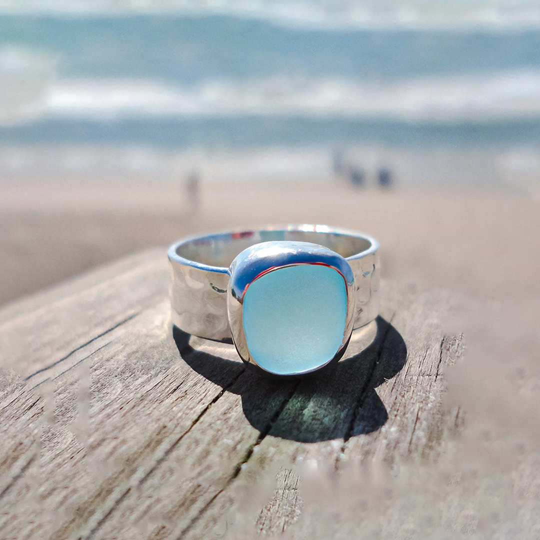 Ovarian Cancer Awareness-Thalassophile Sea Glass Wide Band Ring