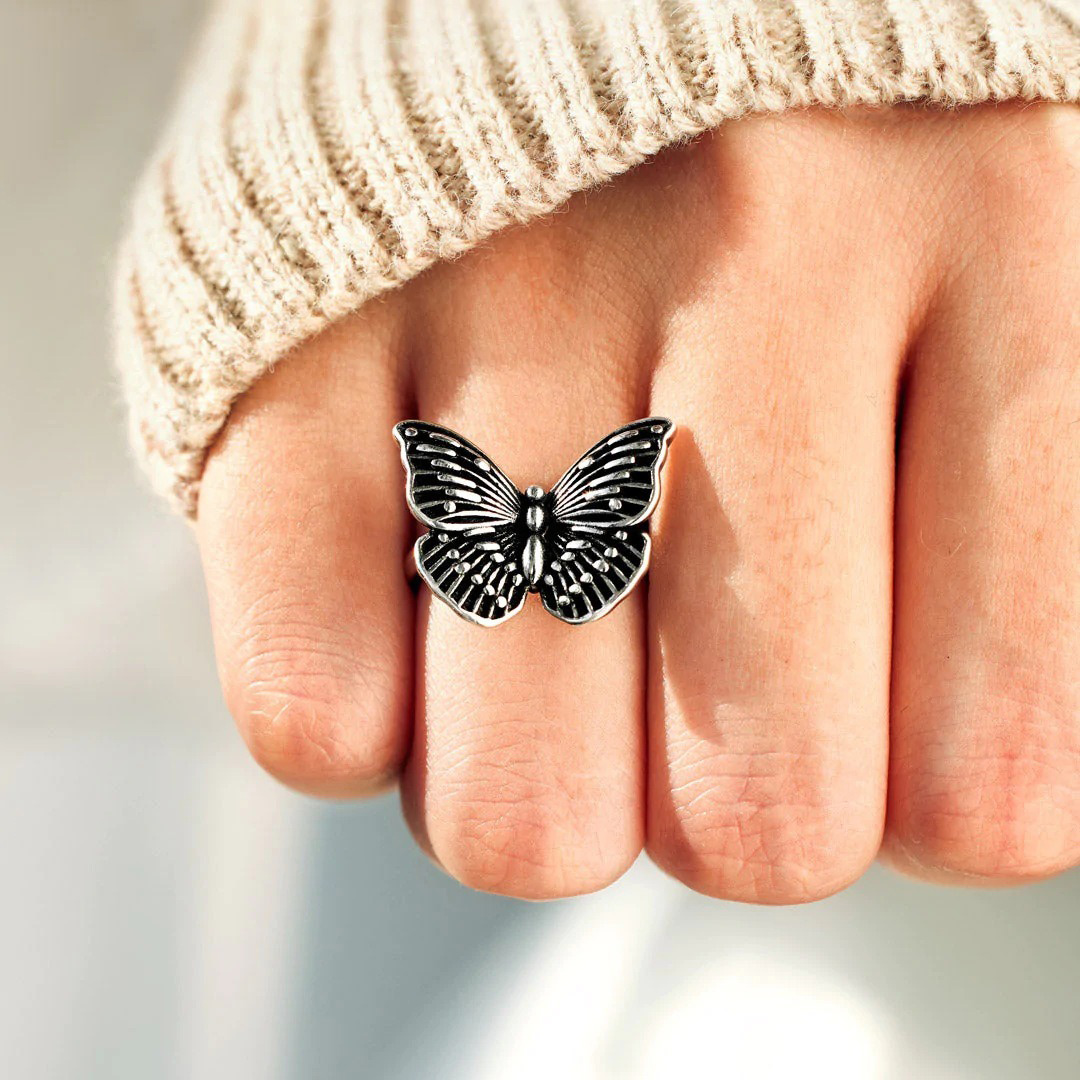 For Memorial-Black Butterfly Adjustable Ring