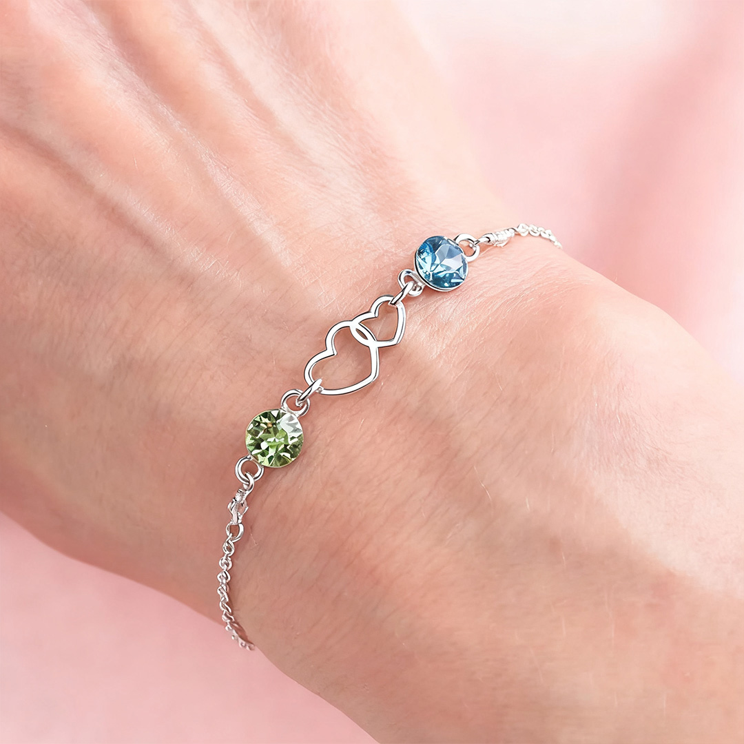For Love - We Are Connected Heart To Heart Double Heart Custom Birthstone Bracelet
