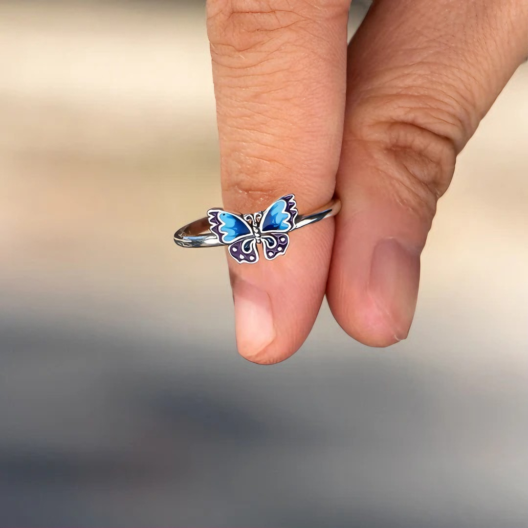 For Memory-Blue Enamel Butterfly Open Ring