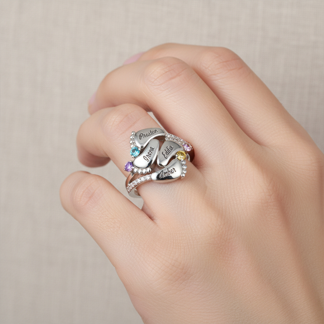 Custom Paw Birthstone Name Ring