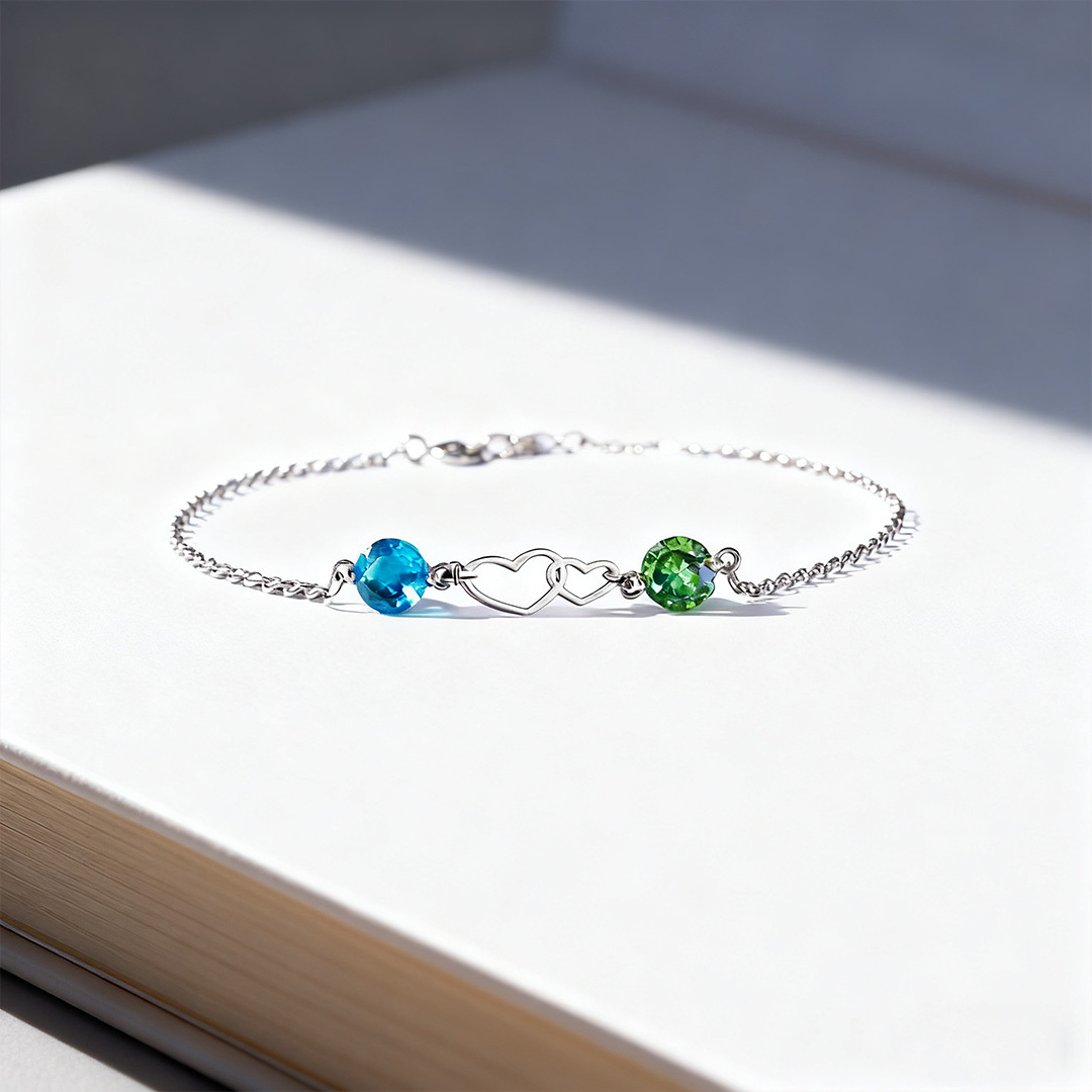 For Love - We Are Connected Heart To Heart Double Heart Custom Birthstone Bracelet