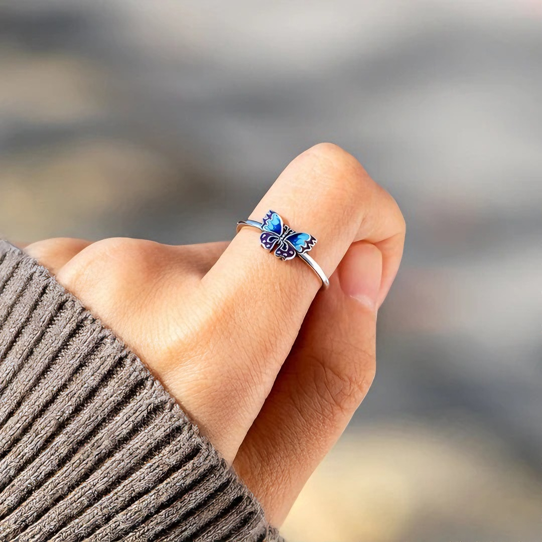 For Memory-Blue Enamel Butterfly Open Ring