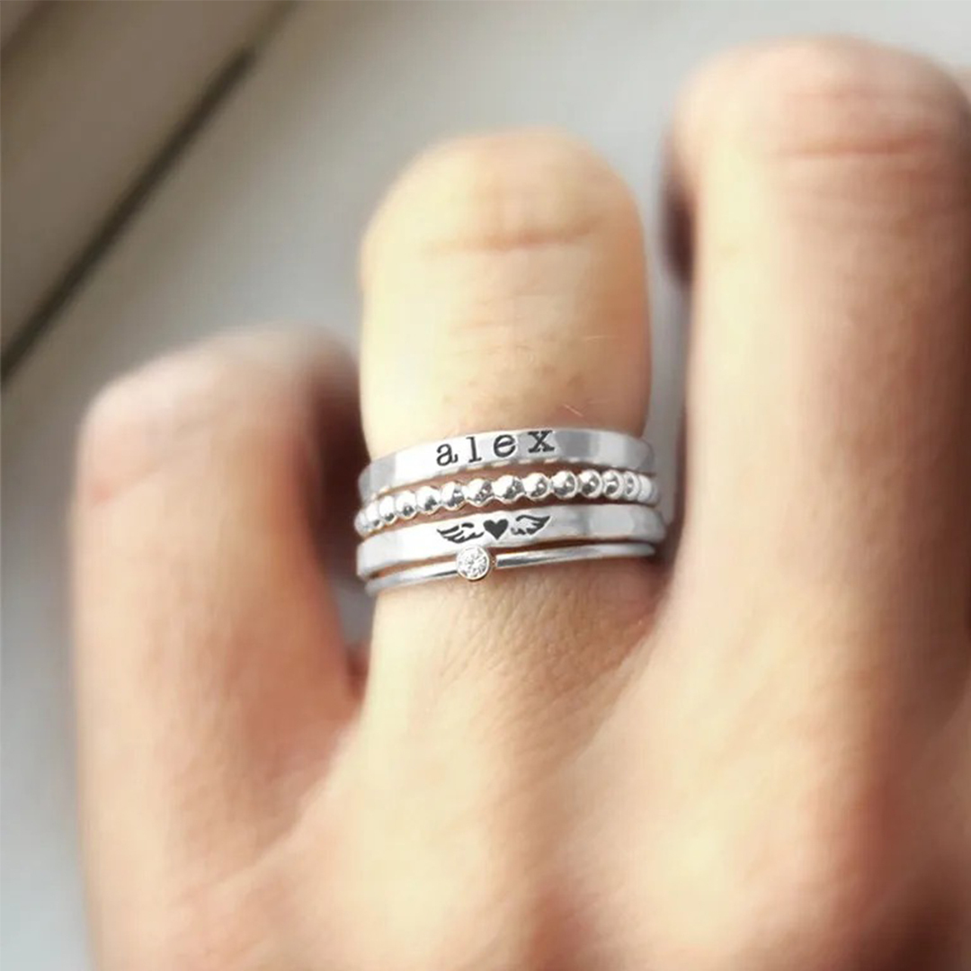 For Memorial son - Mama Of An Angel Custom Name Stacked Ring - 4 Rings Set