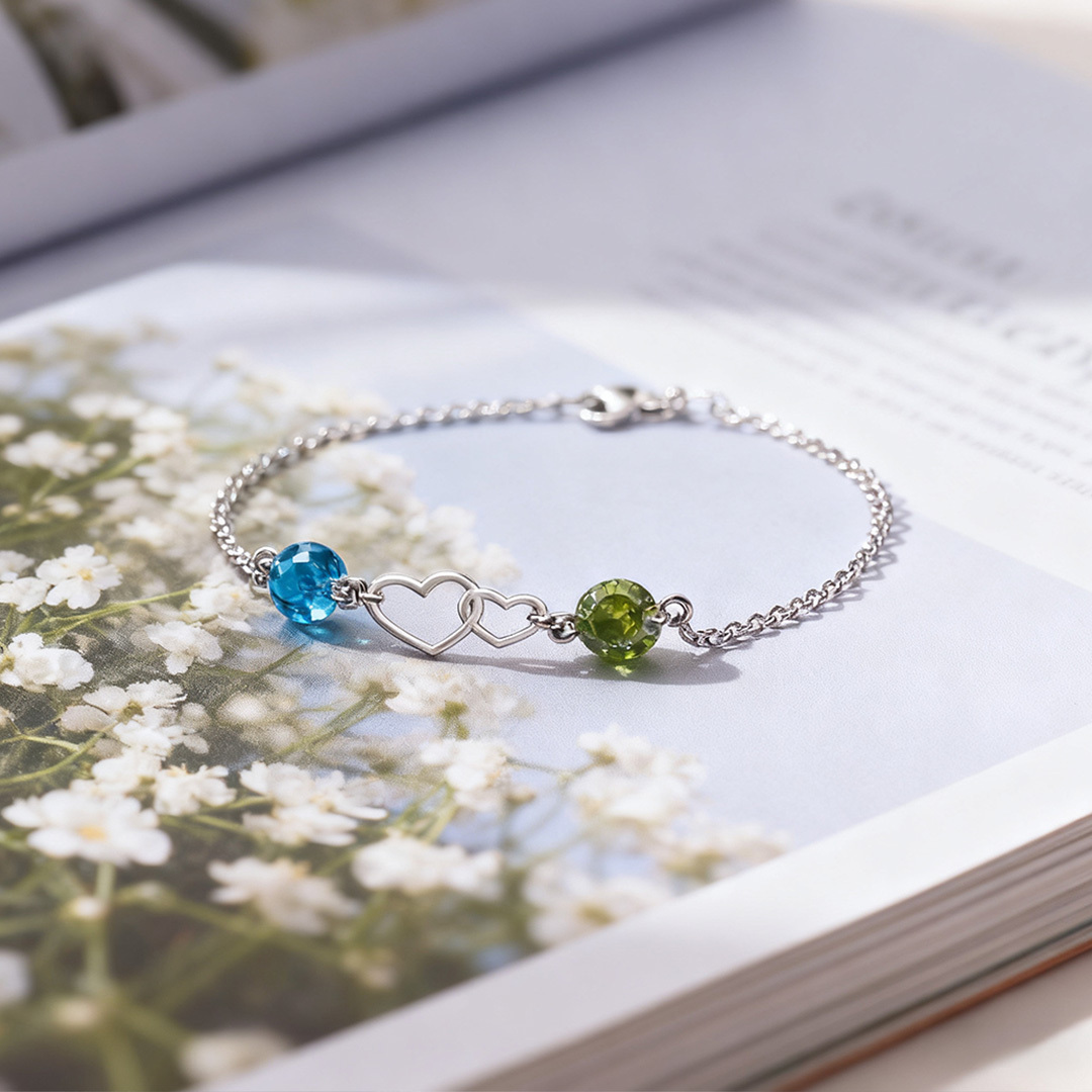 For Love - We Are Connected Heart To Heart Double Heart Custom Birthstone Bracelet