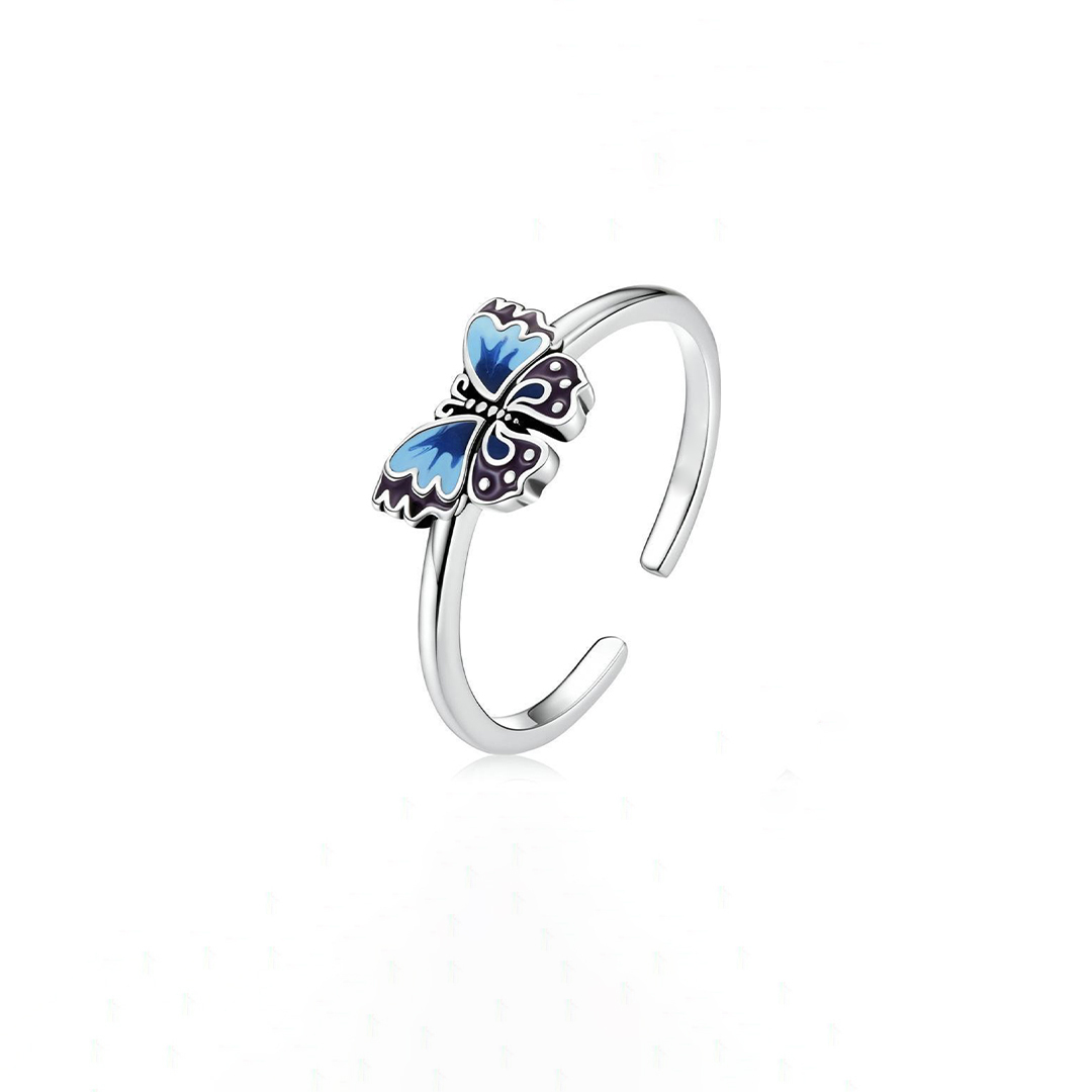 For Memory-Blue Enamel Butterfly Open Ring