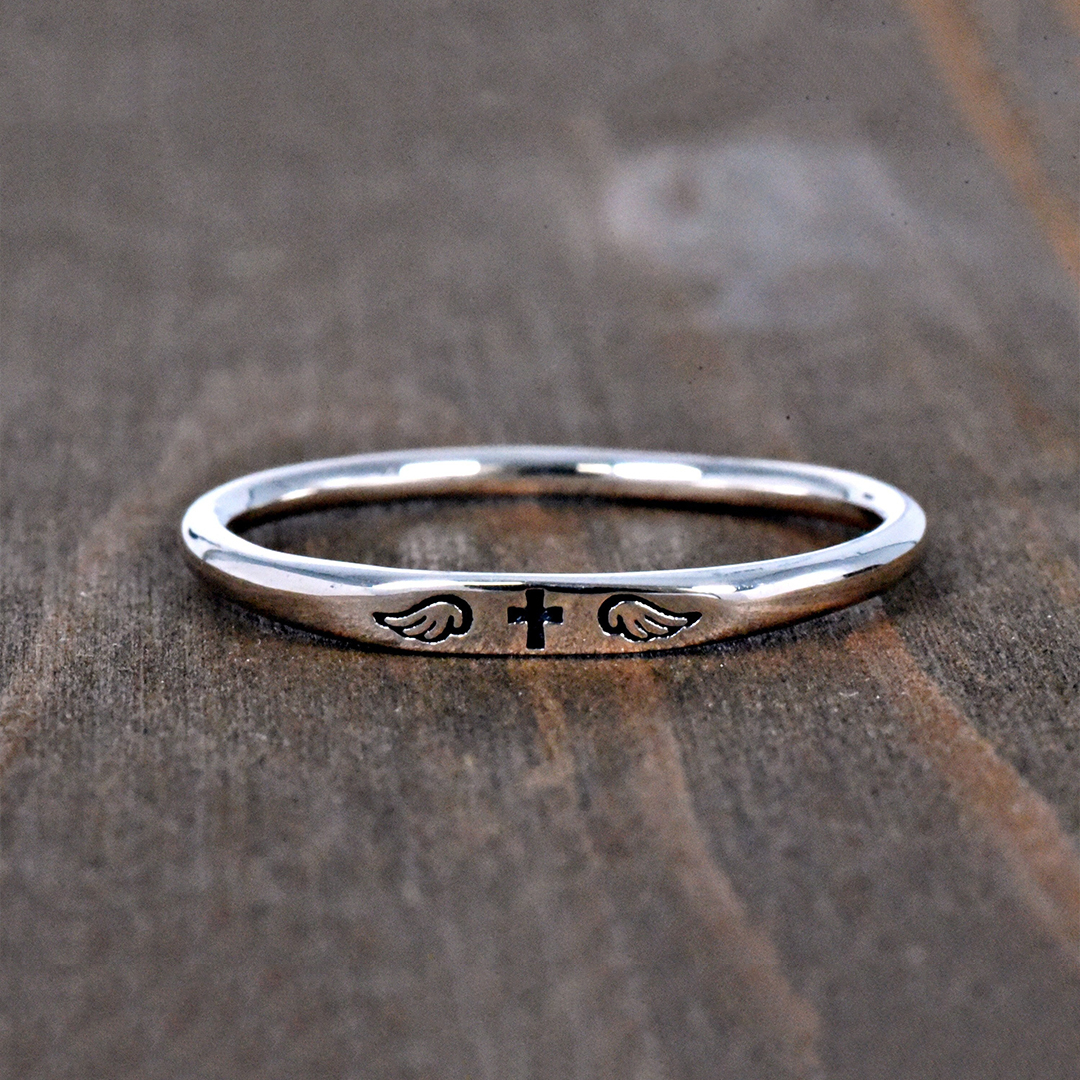 For Memorial - Tiny Cross With Wings Ring