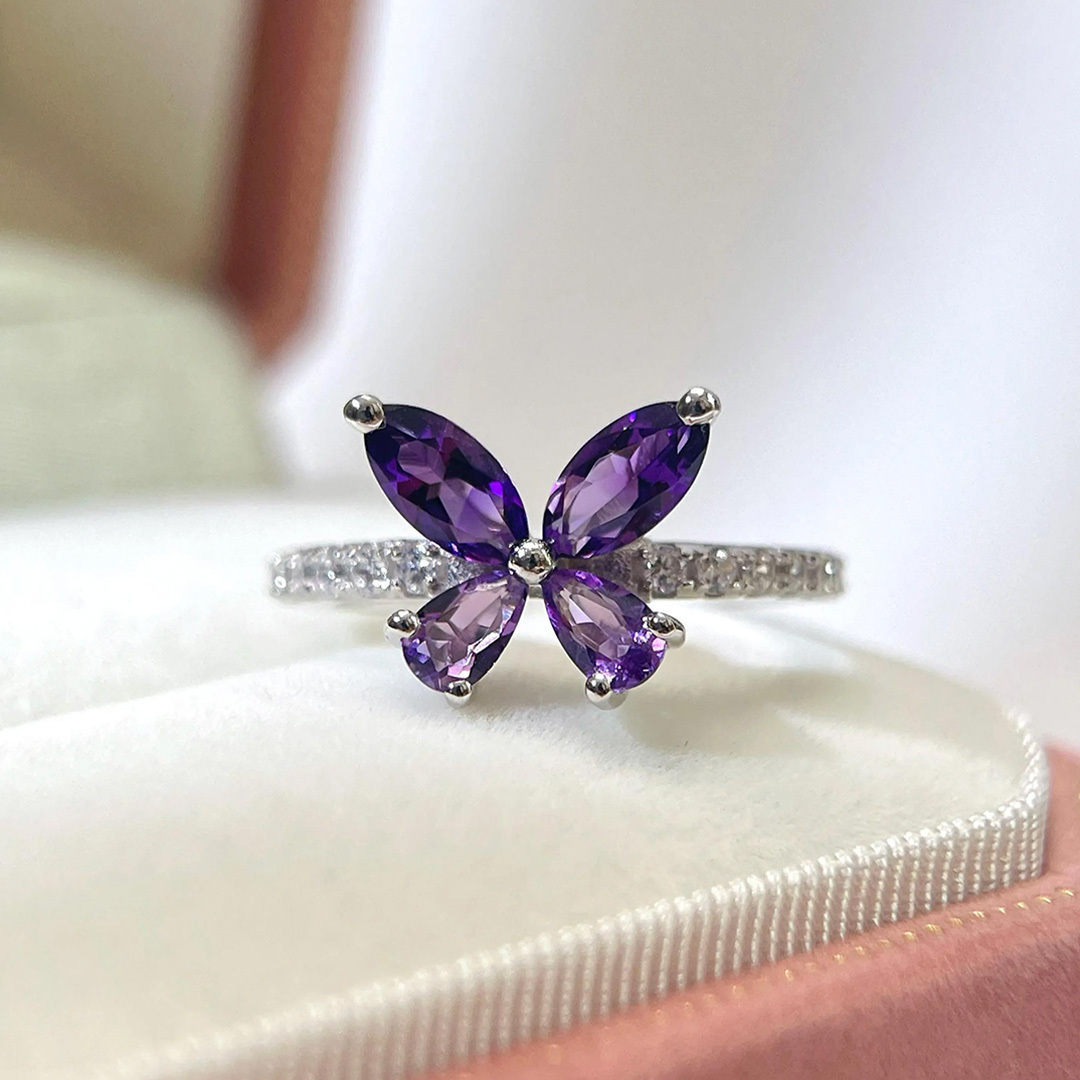 Alzheimer dementia awareness Purple Diamond Butterfly Thin Ring