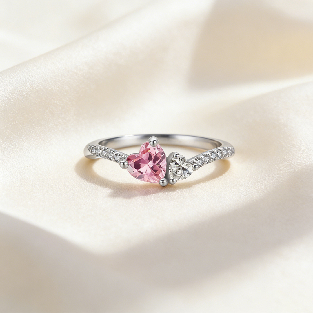 Breast Cancer Awareness-Pink Diamond Big & Small Heart Ring