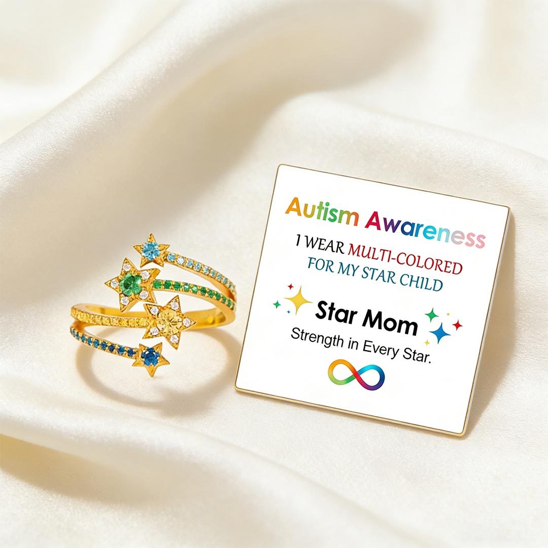 Autism Awareness-Open Four Star Pavé Ring