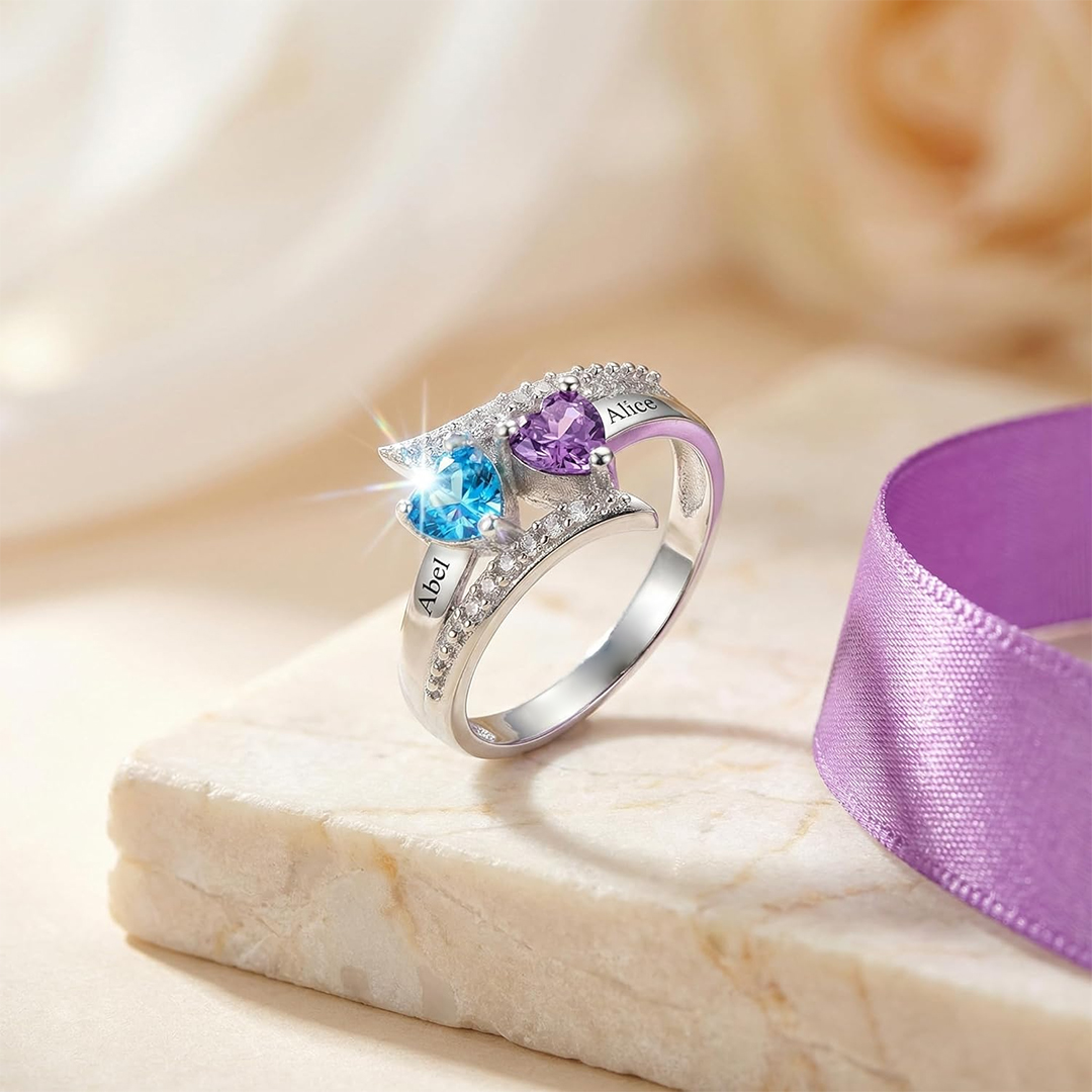 Mother & Daughter-Two-Heart Name & Birthstone Personalized Ring