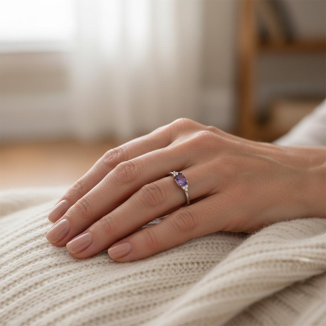 Alzheimer Dementia Awareness-Purple Oval Diamond Slim Ring