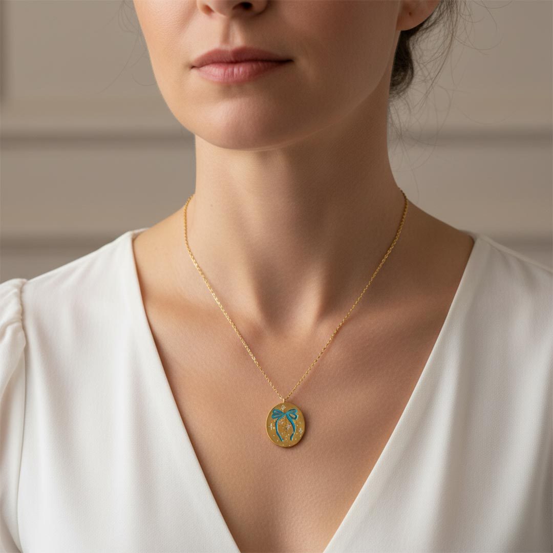 Autism Awareness-Blue Bow Round Pendant Necklace