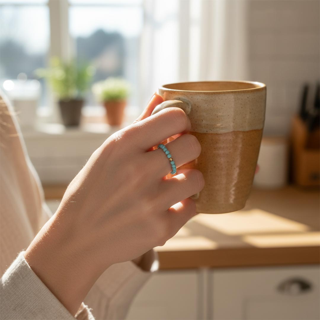 Ovarian Cancer Awareness-Turquoise Beaded Gold Ring