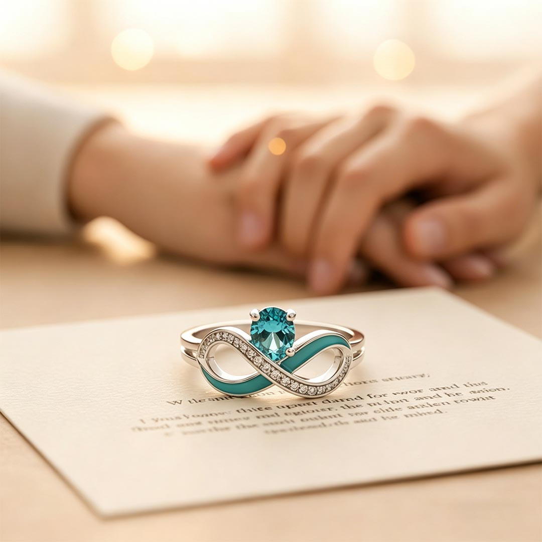 Ovarian Cancer Awareness-Teal Infinity Diamond Ring