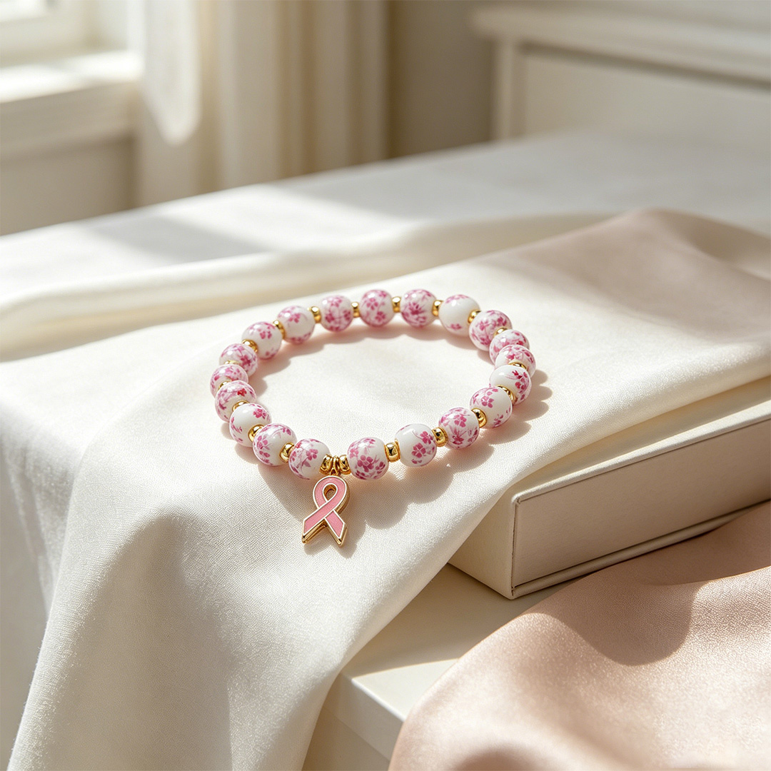 Breast Cancer Awareness-Pink Blue & White Porcelain Ribbon Charm Bracelet