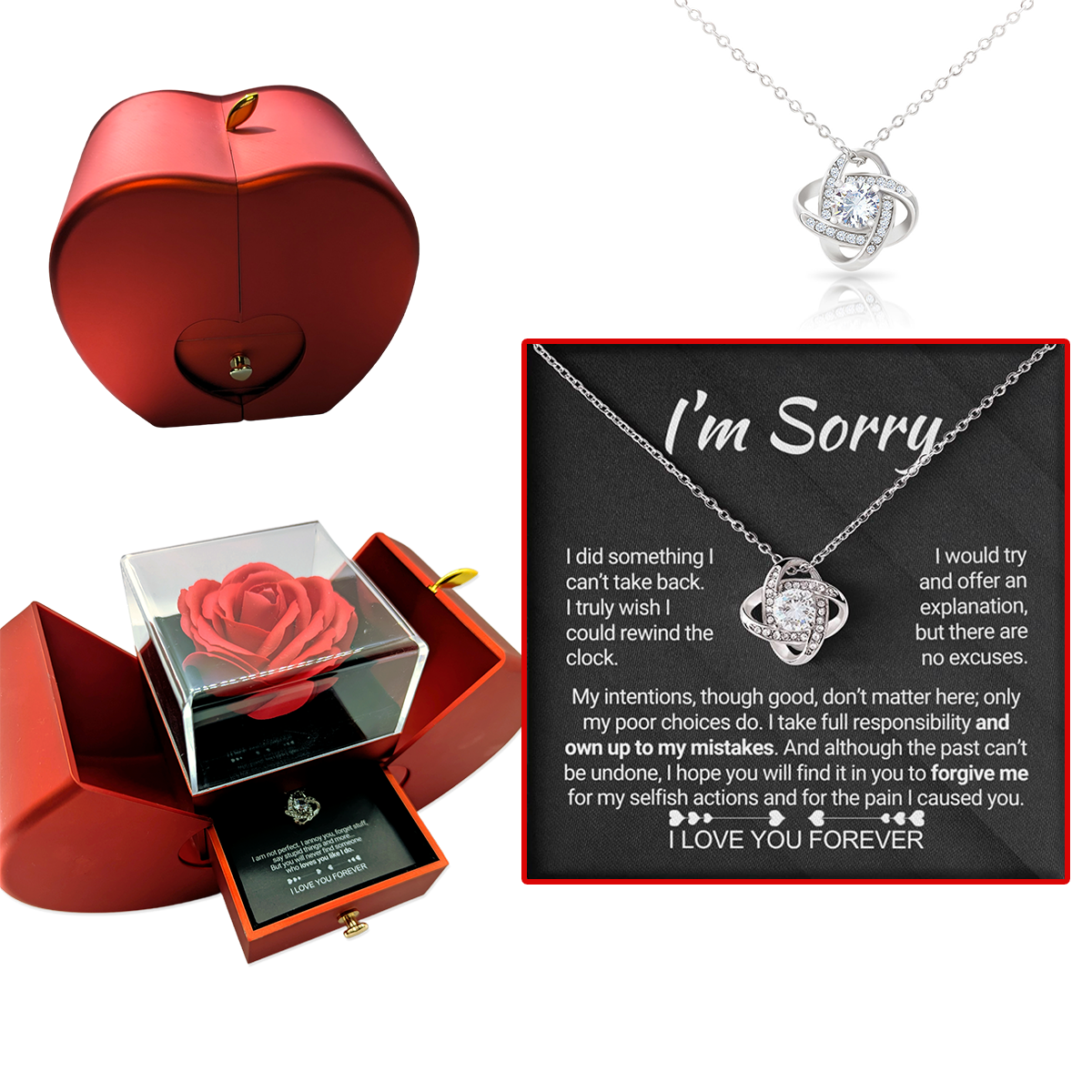 Apology Forever Rose Gift For Her - Necklace & Message Gift Set