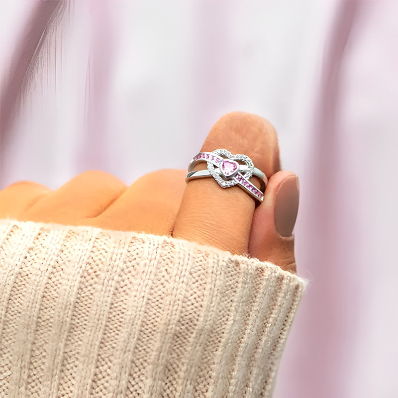 S925 Raise Awareness Of Breast Cancer Pink Heart Diamond Ring