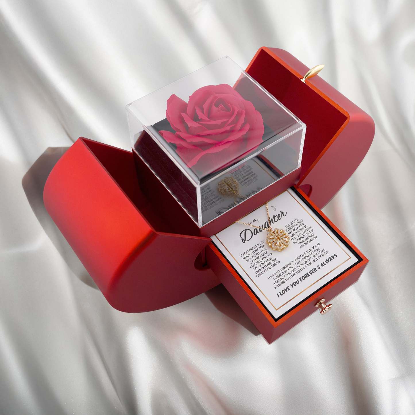 Daughter's 4-Leaf Clover "Lucky Charm" Necklace and Forever Rose Gift Box