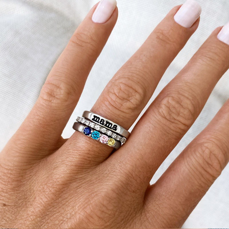 For Mother - S925 Mama And Kids' Birthstones Personalized Stackable Ring - 3 Rings Set