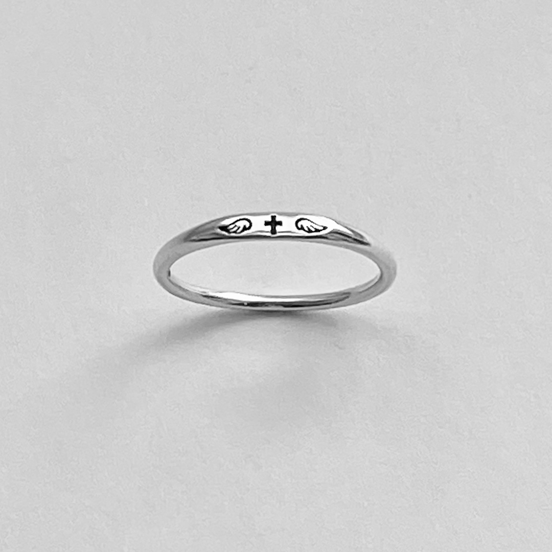 For Memorial - Tiny Cross With Wings Ring