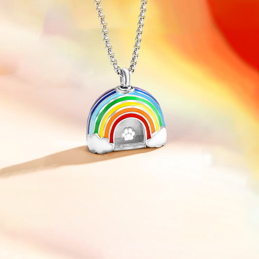 You will never leave my heart Rainbow Bridge Paw Print Cremation Urn Necklace