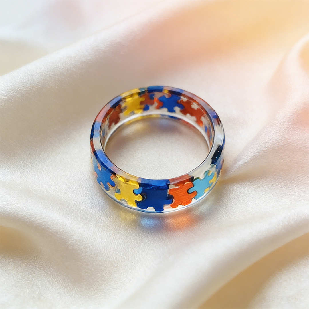 Autism Awareness-Transparent Resin Puzzle Ring