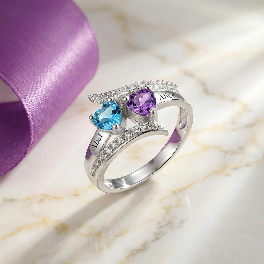 Mother & Daughter-Two-Heart Name & Birthstone Personalized Ring