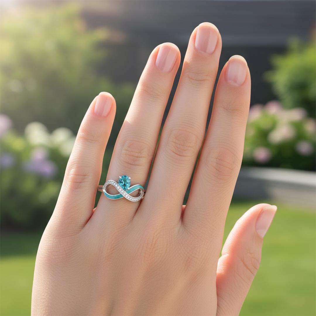 Ovarian Cancer Awareness-Teal Infinity Diamond Ring