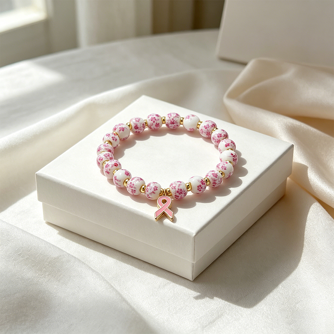 Breast Cancer Awareness-Pink Blue & White Porcelain Ribbon Charm Bracelet