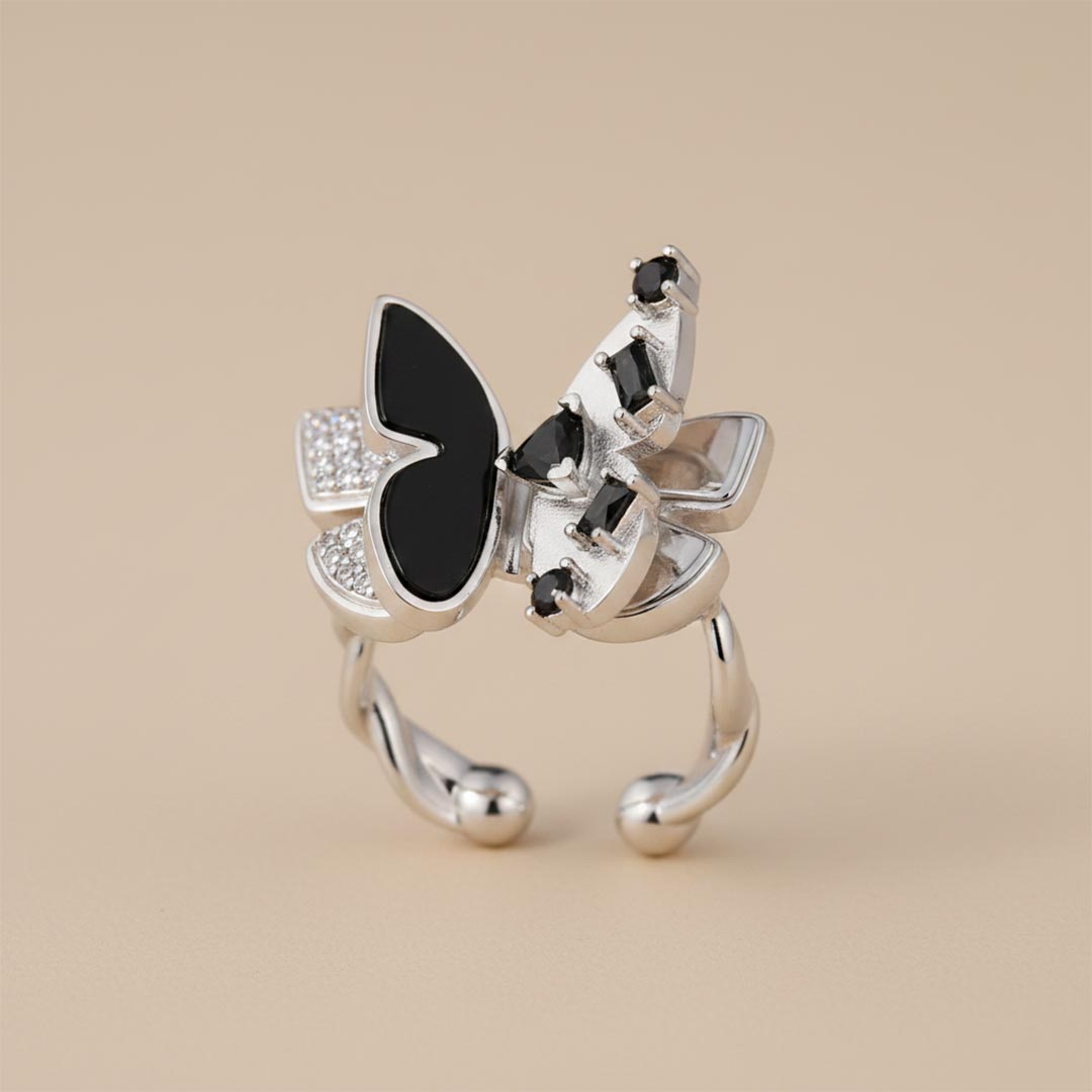 For Memorial-Black Diamond Butterfly Open Ring