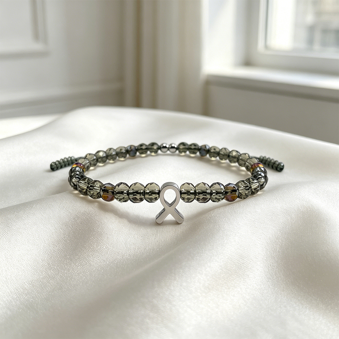 Brain Tumor Awareness-Ribbon Charm Gray Beaded Bracelet