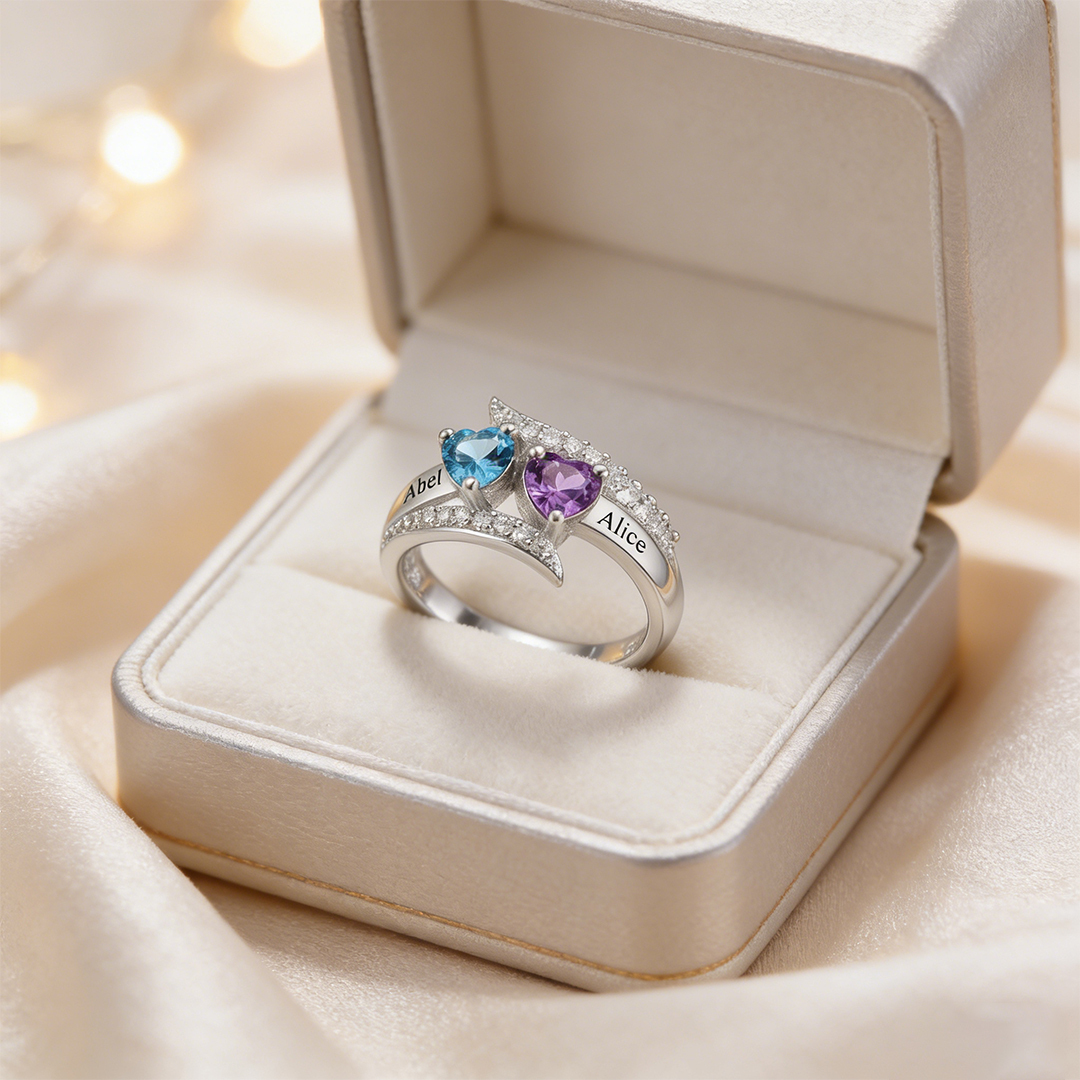 Mother & Daughter-Two-Heart Name & Birthstone Personalized Ring