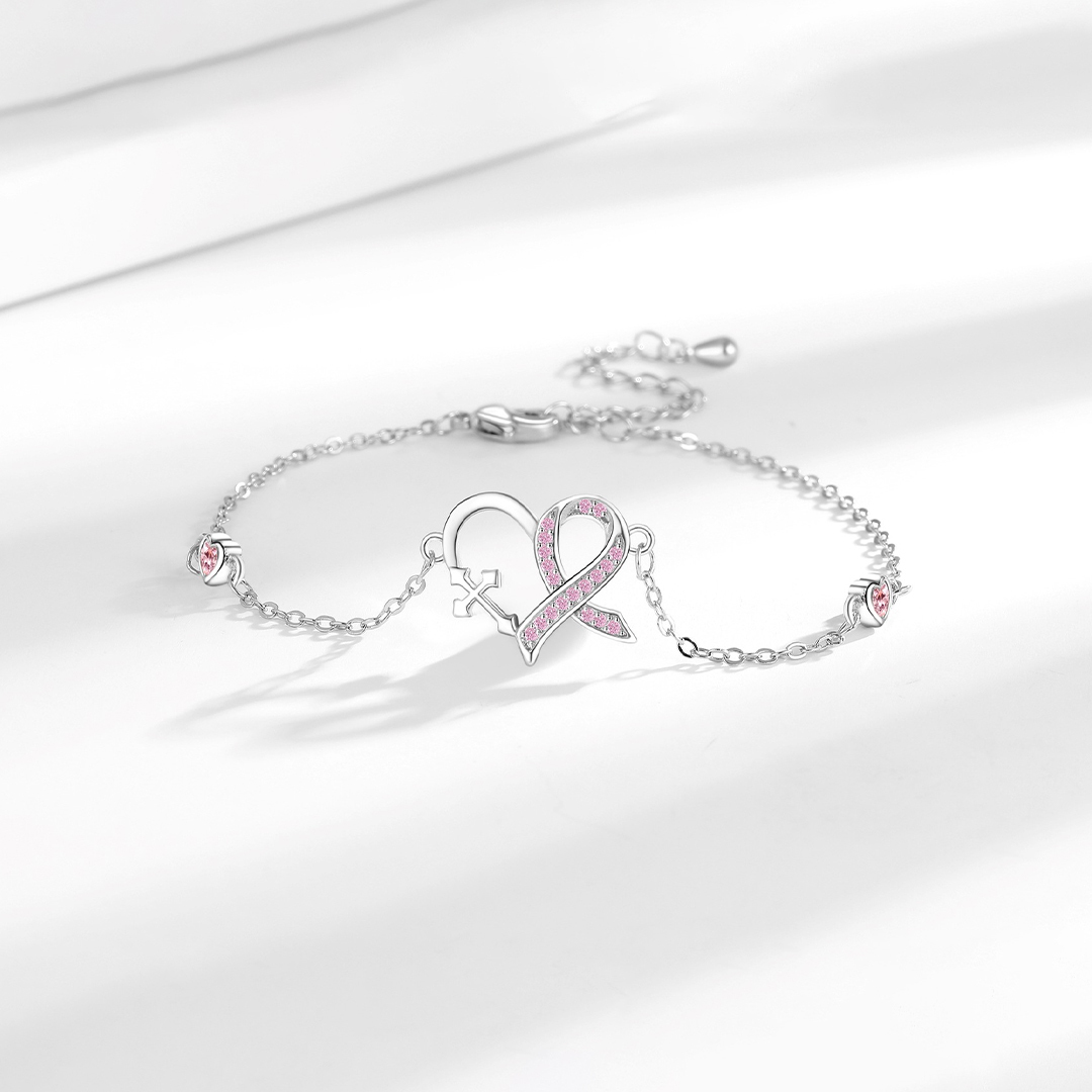 Breast Cancer Awareness Pink Ribbon Cross Heart Bracelet