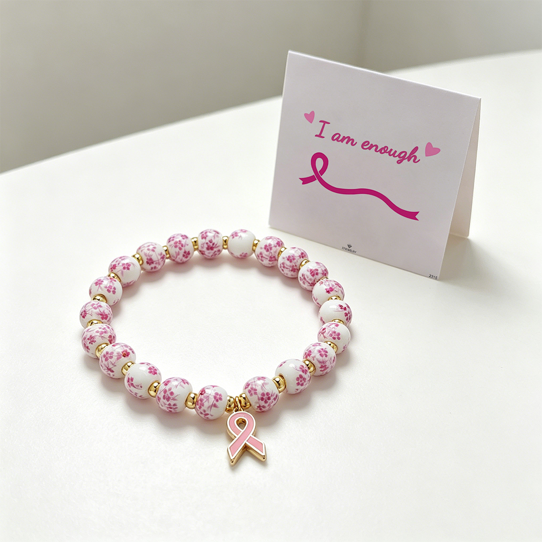 Breast Cancer Awareness-Pink Blue & White Porcelain Ribbon Charm Bracelet