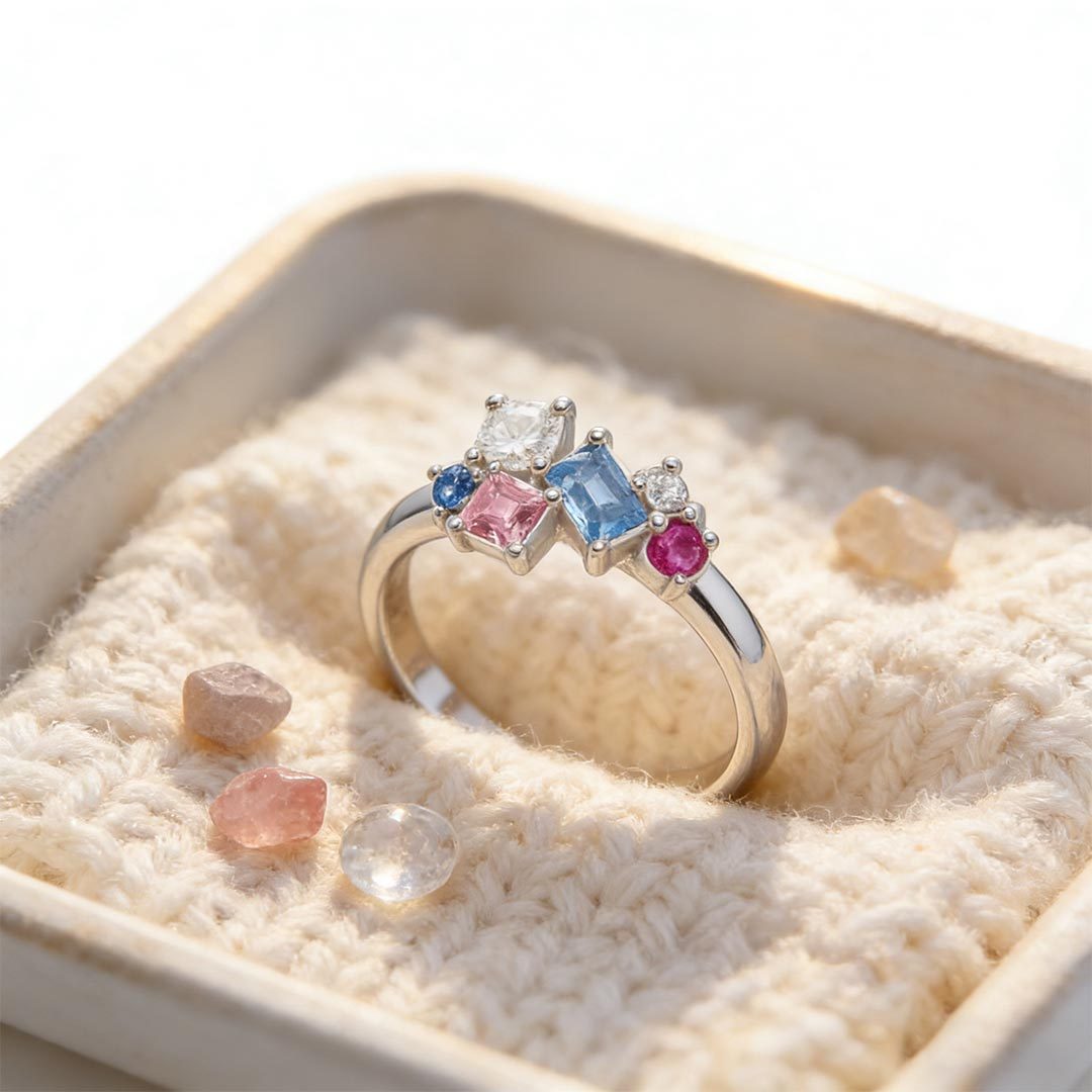 For Memory-Pink Blue Irregular Diamond Ring