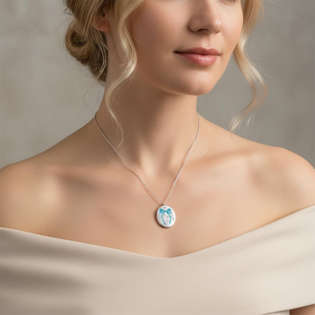 Autism Awareness-Blue Bow Round Pendant Necklace